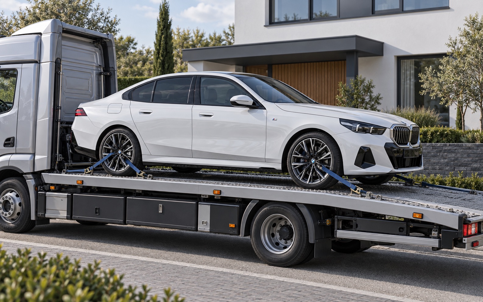 Białe BMW na lawecie przed nowoczesnym domem