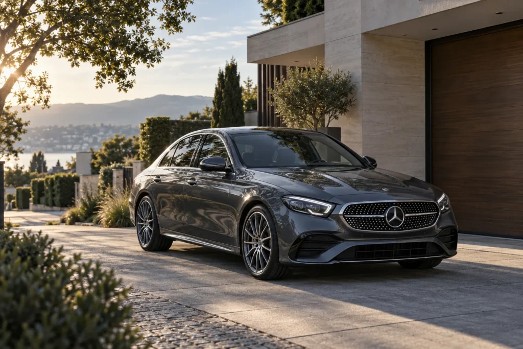 Grafitowy Mercedes-Benz przy nowoczesnym domu