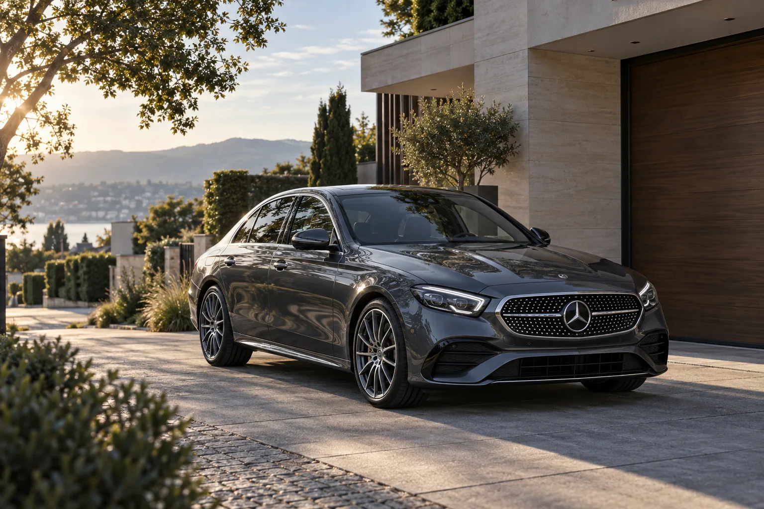 Mercedes-Benz przed nowoczesnym domem — ilustracja samochodu do szybkiego odbioru