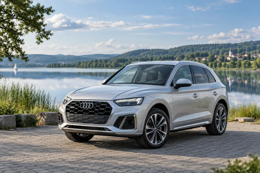 Srebrne Audi przy jeziorze