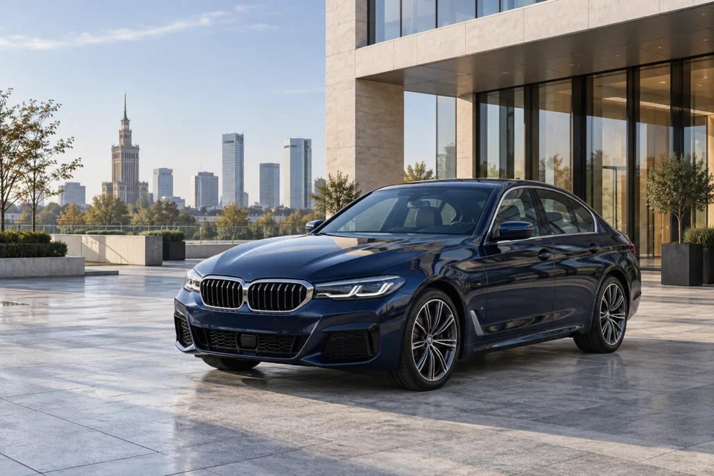 Granatowe BMW przed nowoczesnym biurowcem