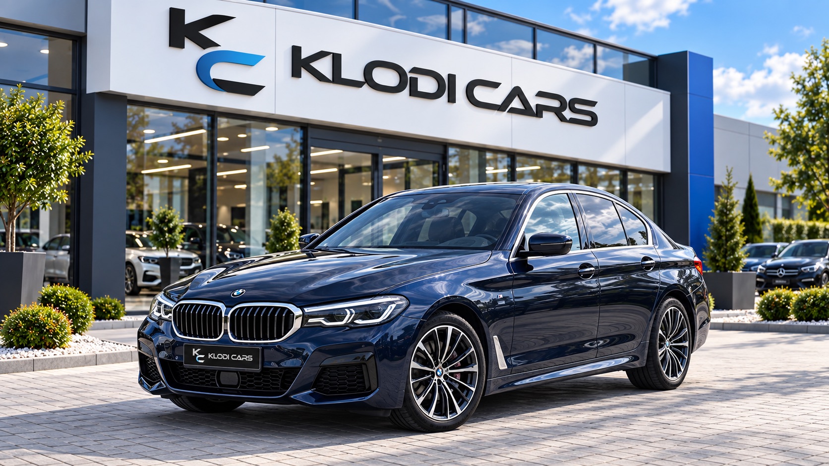 BMW przed komisem z logo KlodiCars — wizualizacja